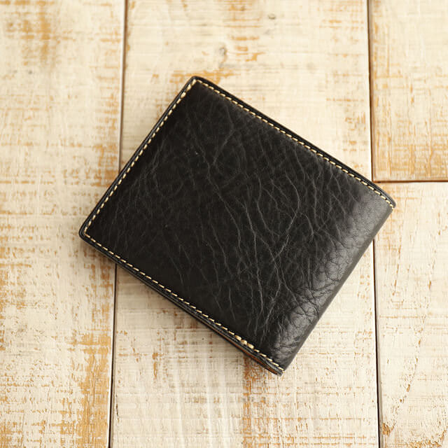 オイルバケッタレザー2つ折り財布、ブラック